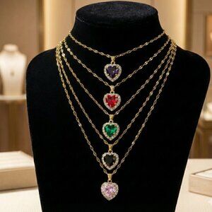 Titanium Steel Heart Birthstone Necklace / Collier Cœur Pierre de Naissance - Go